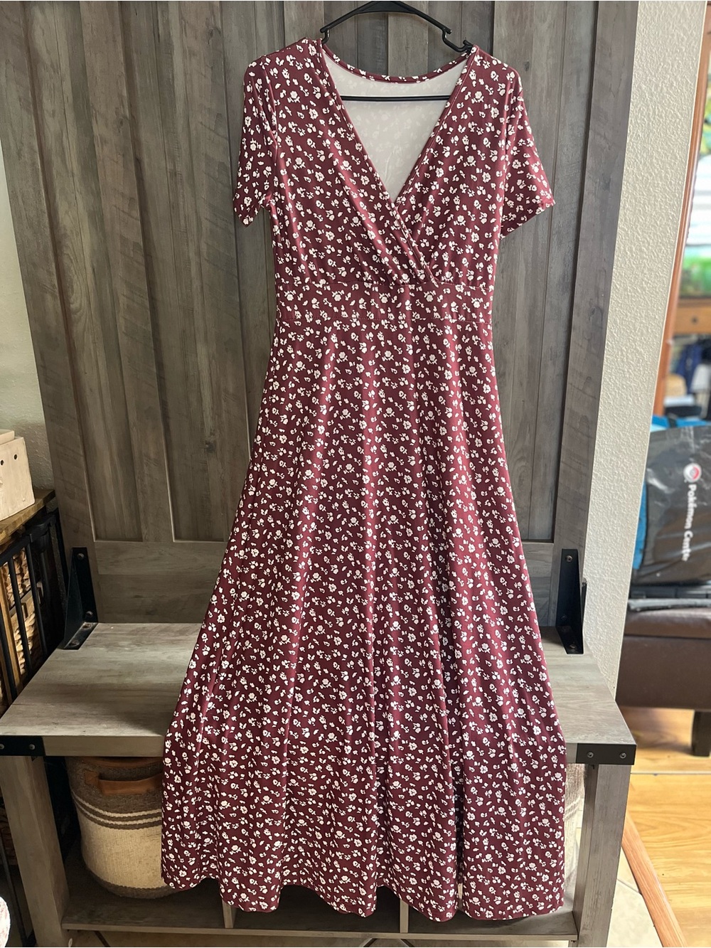 Women's Burgundy Floral Wrap Maxi Dress